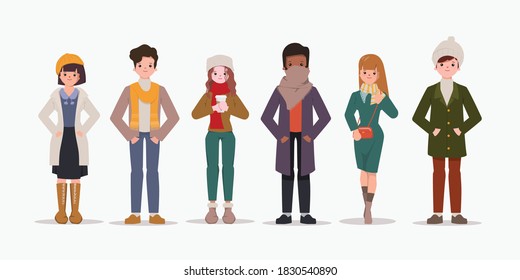 Set of people in winter clothes. Fashion of Winter, spring and autumn clothing collection.