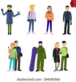 Set of people in winter clothes / man with a snowboard