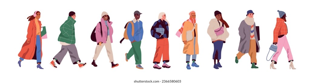 Set of people in winter clothes. Stylish men and women in jackets, coats, sweaters and scarves for cold weather. Characters in fashion winter outfits. Cartoon flat vector collection isolated on white