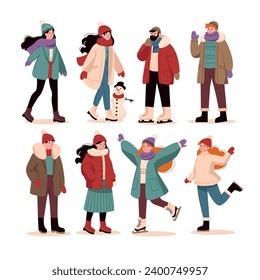 Set of people in winter clothes. Vector illustration in cartoon style.