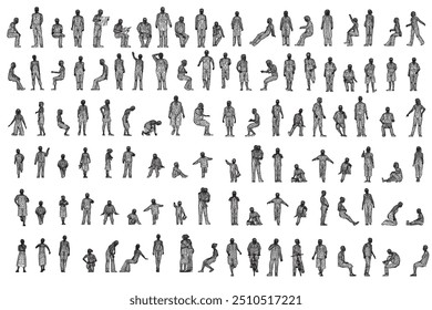 Set with people wireframe in different positions from black lines isolated on white background. Men, women and children walking, running, standing, sitting. Vector illustration. 3D