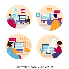 Set of people work. Colleagues working on one project, telecommuting, modern technologies. Coworkers, freelancers, home and office. Cartoon flat vector illustration isolated on white background