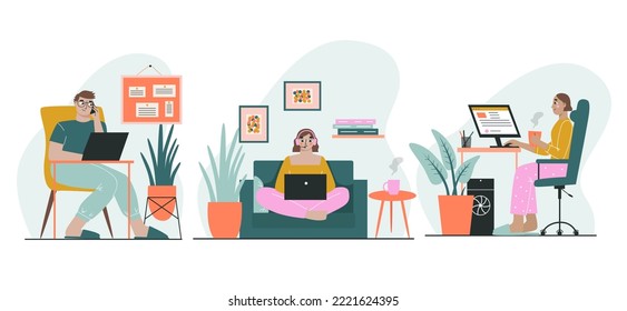 Set of people work at home at a computer. The concept of freelancing and remote work. Vector illustration