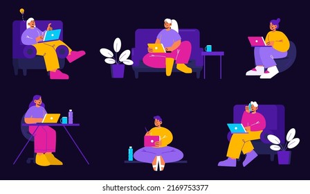 Set of people work from home with laptops. Freelance, self-employment concept. Freelancers or outsourced remote workers with computers sit at desk or sofa in room, Line art flat vector illustration