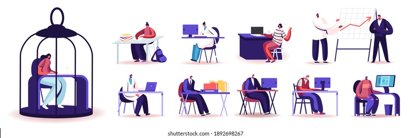 Set of People Work in Office. Characters Working on Laptops and Computers, Scientists Exploration in Laboratory. Male Female Working Process Isolated on White Background. Cartoon Vector Illustration