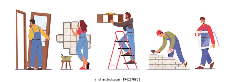 Set of People Work on Home Repair Installing Door, Window, Tiling Wall, Hanging Shelf and Laying Brick. Male and Female Workers Handymen Characters House Renovation. Cartoon People Vector Illustration
