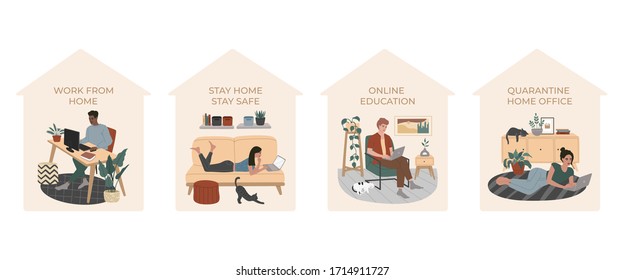Set of people work and study at cozy apartments during quarantine, at desk, on bed, in comfortable armchair or on the carpet. Stay home, stay safe, online education. Vector illustration, flat style.