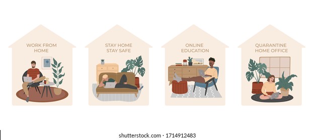 Set of people work and study at cozy apartments during quarantine, at desk, on bed, in comfortable armchair or on the carpet. Stay home stay safe, online education. Vector illustration, flat style. 