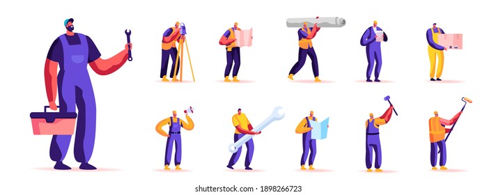 Set of People Workers Profession. Male Characters in Working Overalls Holding Different Instruments and Equipment for Construction Works Isolated on White Background. Cartoon Vector Illustration