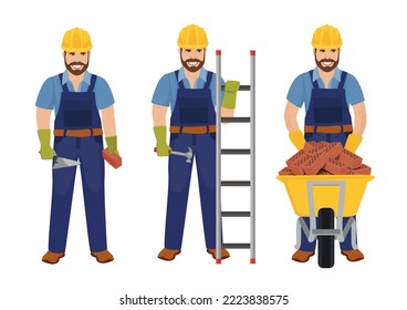 Set of people workers profession. Males in working overalls holding different instruments and equipment for construction works. Isolated on white background. Vector Illustration