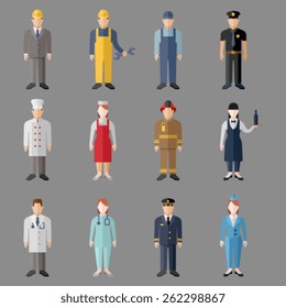 Set of people workers in uniform icons in flat style with faces. Vector men and women character. Template concept collection of web profile avatar.