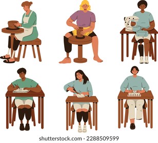 Set of people working with clay on pottery wheel. Vector illustration