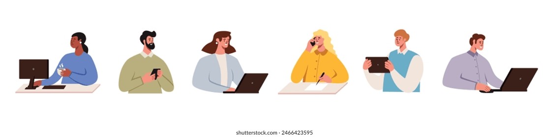 Set of people working at a computer and holding phones and gadgets in their hands. Business men and women. Work online, freelance. Flat graphic style. Vector illustration isolated on white background