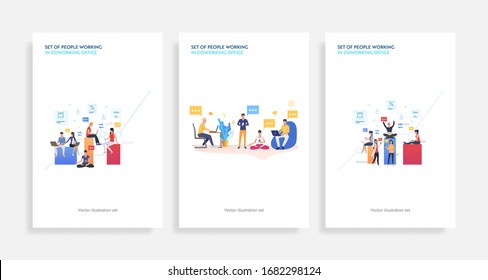 Set of people working in coworking office. Flat vector illustrations of men and women chatting and using devices. Communication for banner, website design, landing web page