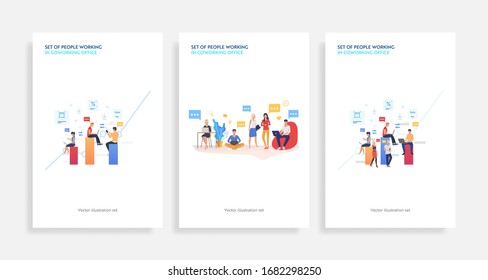 Set of people working in coworking office. Flat vector illustrations of men and women chatting and using devices. Communication for banner, website design, landing web page