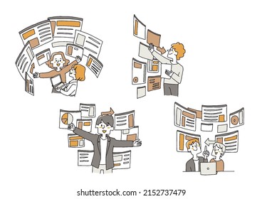 A set of people working in cyberspace, a comical handwritten person, a vector, a line drawing and a color