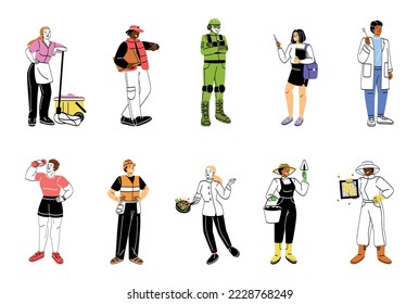 Grupo de personas que trabajan en diferentes industrias. Personajes de diferentes profesiones. Doctor, mensajero, limpiador, militar, profesor, chef y jardinero. Colección vectorial plana de dibujos animados aislada en blanco