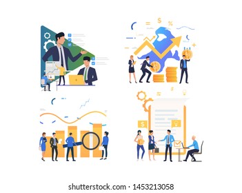 Set of people working with finances. Group of men and women analyzing currency rate. Finance concept. Vector illustration can be used for presentation slide, new project, commercial