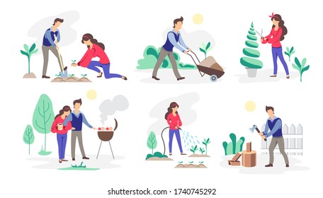 Gente trabajando en el jardín. Salud mental. Actividad diaria o hobbie. Ilustración vectorial de estilo plano