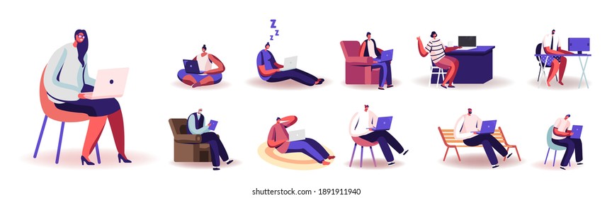 Set of People Working from Home on Computers. Male and Female Characters Remote Workplace, Homeworking, Freelance Self-employed Occupation Isolated on White Background. Cartoon Vector Illustration