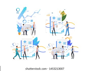 Set of people working at hospital. Group of doctors and scientists doing research. Health concept. Vector illustration can be used for presentation slide, new project, commercial