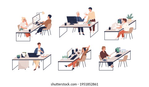 Set of people working with laptops and computers at modern office desks. Male and female employees at workplaces. Colored flat vector illustration of busy men and women isolated on white background