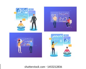 Set of people working with modern technologies. Group of men and women using VR glasses for work. IT concept. Vector illustration can be used for presentation slide, new project, commercial