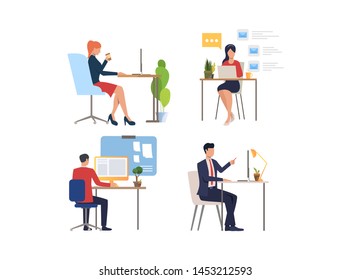 Set of people working on computer. Group of men and women using PC for work. Business concept. Vector illustration can be used for presentation slide, new project, commercial