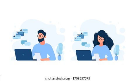 A set of people working on a computer. A girl and a guy are working on a laptop. Vacancy, resume. Suitable for registration on the topic of job search and workers. Isolated. Vector.