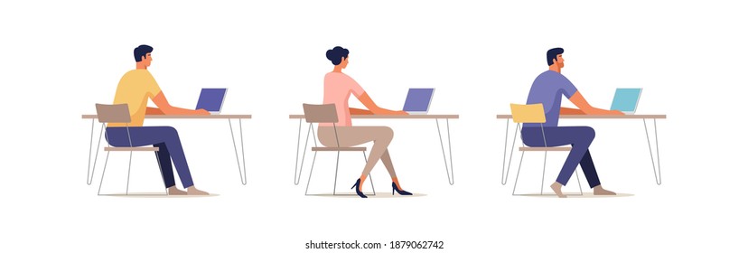 A set of people working on a computer. Teamwork. Freelance. Search for employees. Vector illustration.