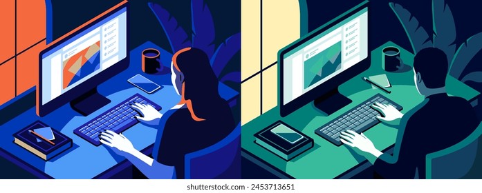 Set of people working on computer. Man and woman freelancers or office employees working in their workspace. Character perform task online or remotely. Cartoon isometric vector illustration collection