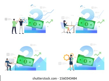 Set of people working on computers with finances. Flat vector illustrations. Development, optimization. Money, bank note, currency. Finance concept for banner, website design or landing web page