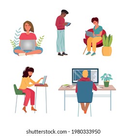 Set of people working on computers, coworking space flat vector illustration. Young man and woman freelancers working remotely on notebooks at home concept. Online education, e-learning or shopping.