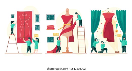 Set of people working on design of dresses and fashionable clothes. Atelier shop with designers and tailors to sew clothing for brands. Workshop of masters, creating new collection vector illustration