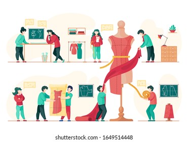 Set of people working on design of dresses and fashionable clothes. Atelier shop with designers and tailors to sew clothing for brands. Workshop of masters, creating new collection vector illustration