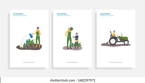 Set of people working on farm. Flat vector illustrations of farmers planting and watering plants. Farming concept for banner, website design or landing web page