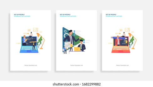 Set of people working on laptops. Flat vector illustrations of men and women doing marketing research. Marketing concept for banner, website design or landing web page