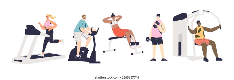 Set of people working out. Cartoon character training and exercising on trainer machines. Sport, fitness, workout and healthy lifestyle concept. Flat vector illustration