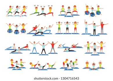 Set of people working out in gym. Young girls and guys doing exercises. Physical activity. Healthy lifestyle. Men and women in sportswear. Flat vector design