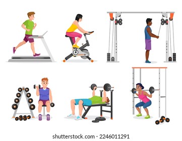 Set of people working out on machines and with weights isolated on white background. A man and a woman train in a gym. A treadmill, dumbbells, a bike, a barbell, etc. Cartoon style vector illustration