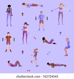 Set of people working out running lifting weights 