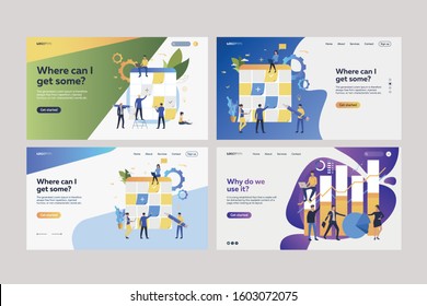 Set of people working with planning boards. Flat vector illustrations of employees sticking notes on Kanban boards, working with chart. Business concept for banner, website design or landing web page