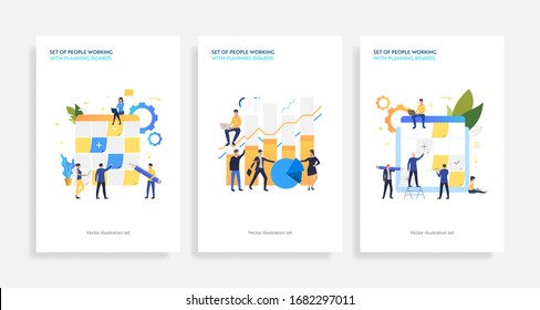 Set of people working with planning boards. Flat vector illustrations of employees sticking notes on Kanban board, working on laptop. Business concept for banner, website design or landing web page