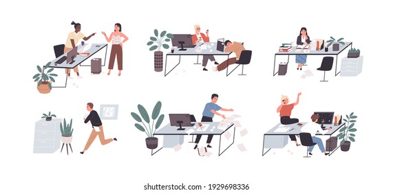 Set of people working and relaxing in chaos and mess. Office workers conflicting, sleeping and hurrying. Men and women at workplaces. Colored flat vector illustration isolated on white background
