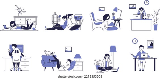 A set of people working and relaxing at laptops and computers at home.