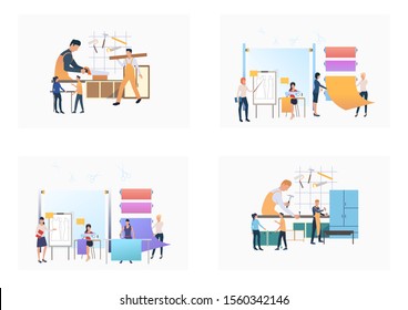 Set of people working in tailoring centre. Flat vector illustrations of dressmakers designing clothes. Dressmaking concept for banner, website design or landing web page