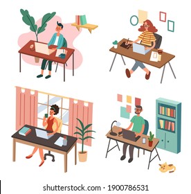 Set of people working at their workplace illustration. Set of people use computer at home office.