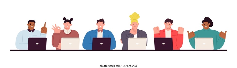 Set of people works at laptop. Man and woman  characters, different and emotions. Vector illustration

