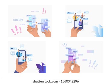 Set of people writing comments for service online. Flat vector illustrations of people commenting in mobiles, cursing, bulling. Evaluation concept for banner, website design or landing web page