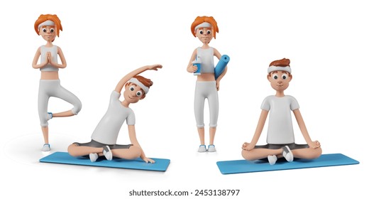 Set of people for yoga concepts. Men and women do different exercises, meditate, rest